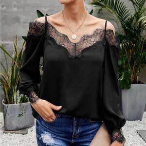 Black Cold Shoulder Lace & Silk Top | L